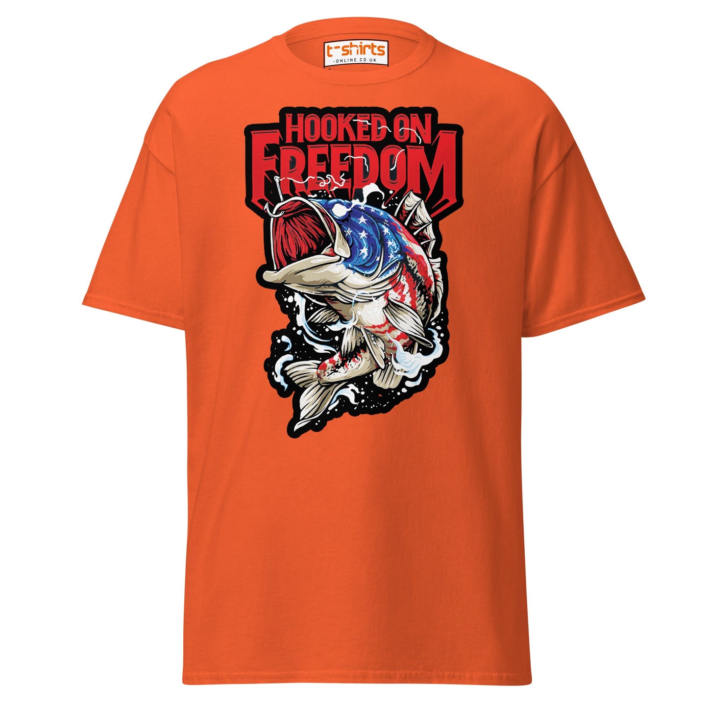 Hooked on Freedom T-Shirt | Patriotic Fishing Tee - Orange - T-Shirts Online