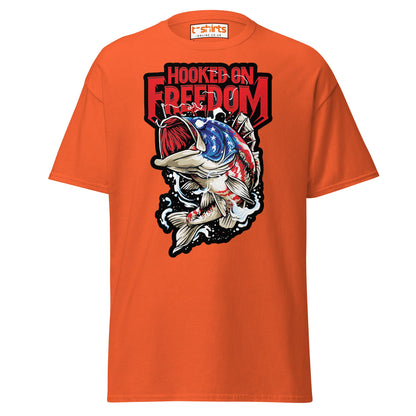 Hooked on Freedom T-Shirt | Patriotic Fishing Tee - Orange - T-Shirts Online