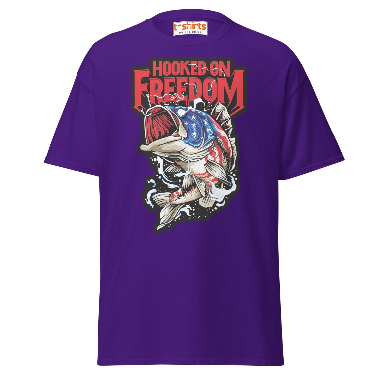Hooked on Freedom T-Shirt | Patriotic Fishing Tee - Purple - T-Shirts Online
