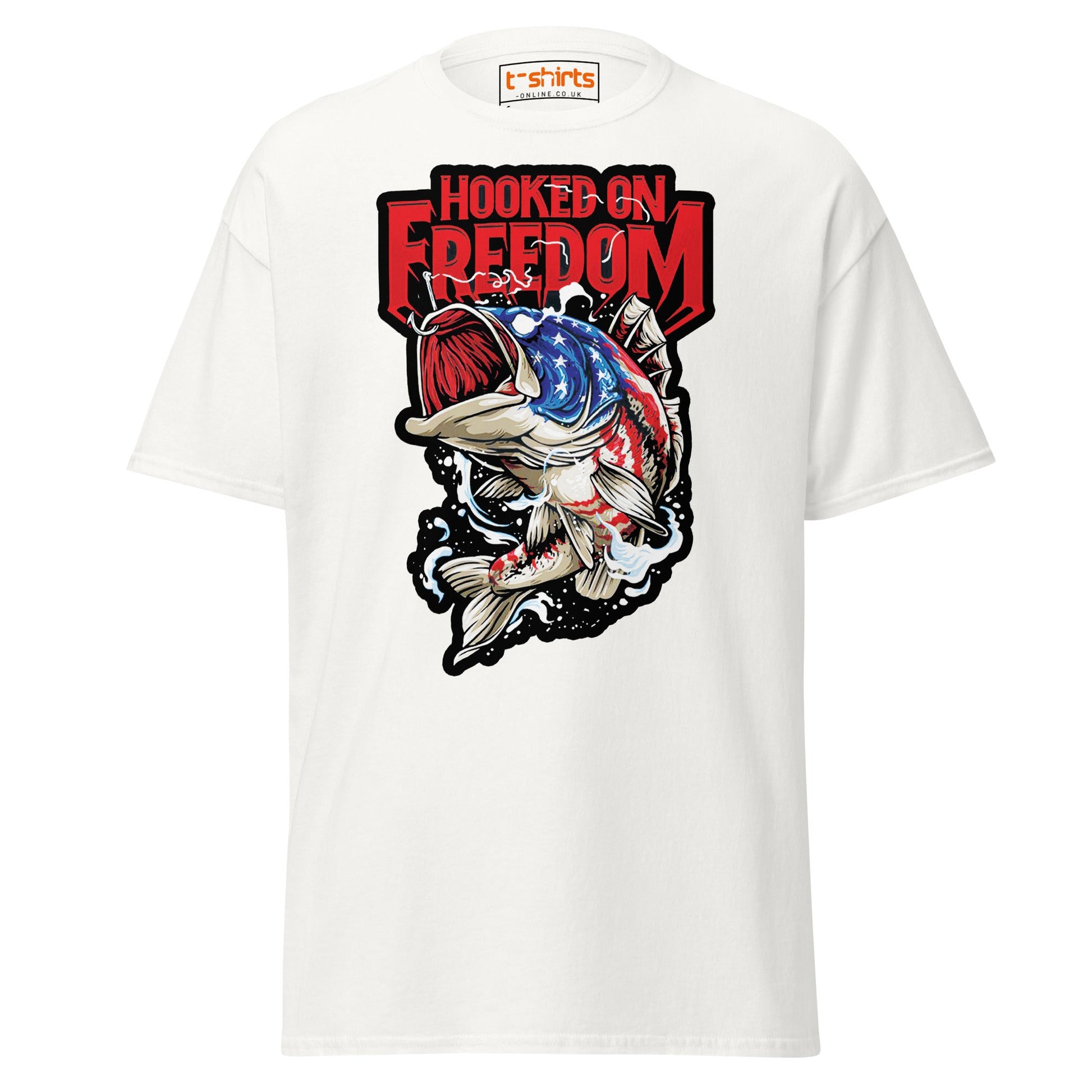 Hooked on Freedom T-Shirt | Patriotic Fishing Tee - White - T-Shirts Online
