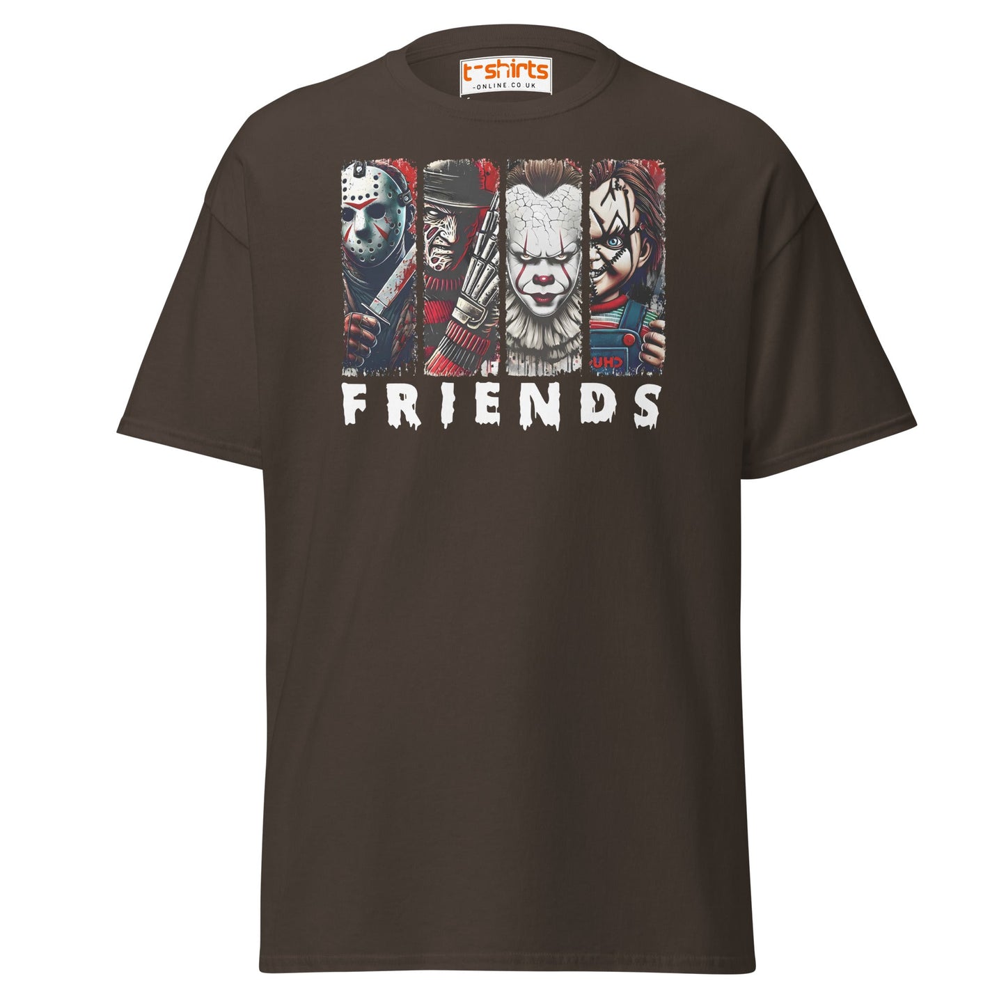 Horror Friends T-Shirt – Jason, Freddy, Pennywise & Chucky - Dark Chocolate - T-Shirts Online