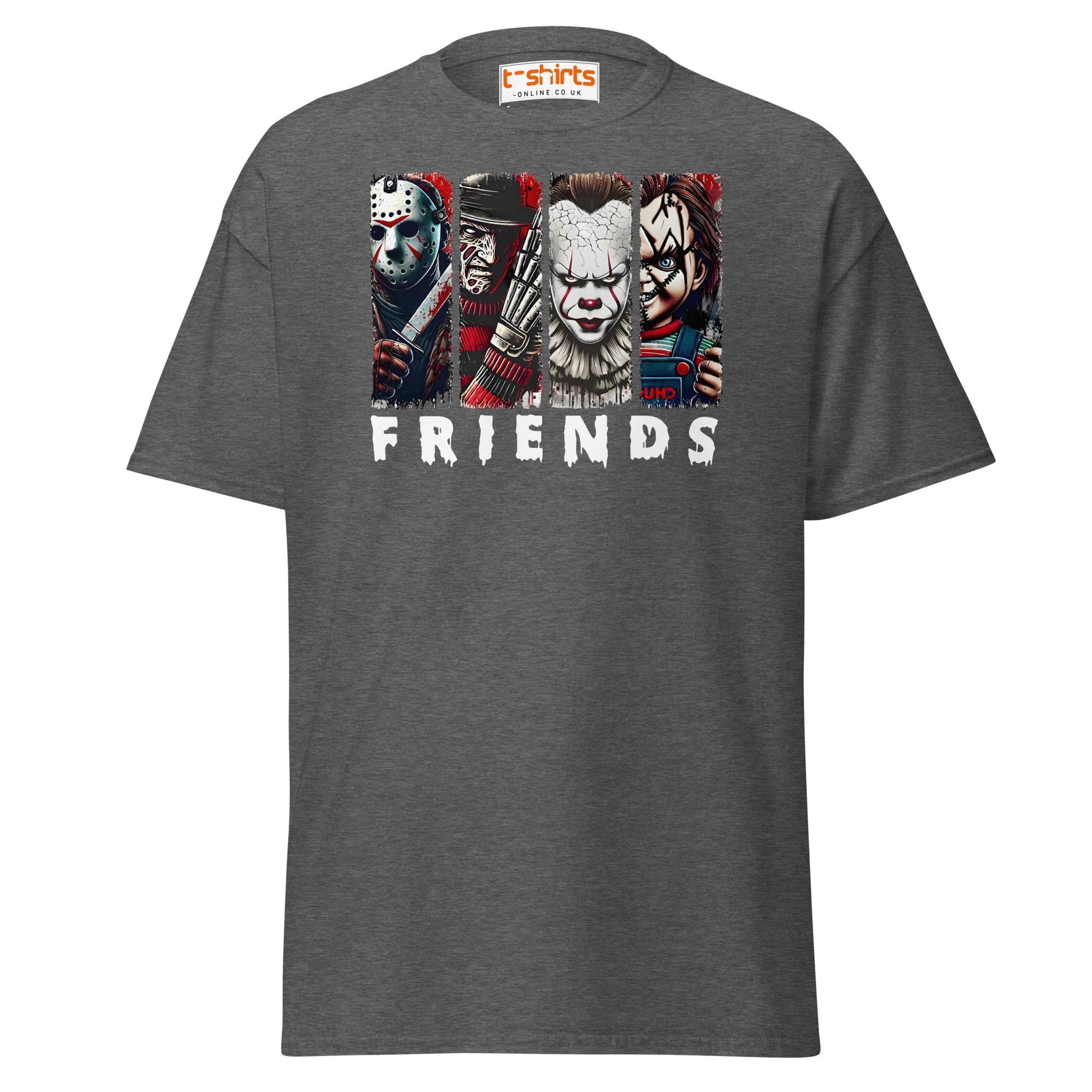Horror Friends T-Shirt – Jason, Freddy, Pennywise & Chucky - Dark Heather - T-Shirts Online