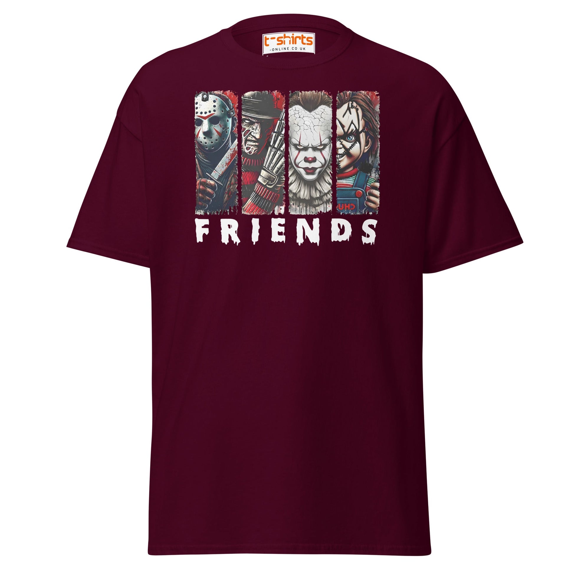 Horror Friends T-Shirt – Jason, Freddy, Pennywise & Chucky - Maroon - T-Shirts Online