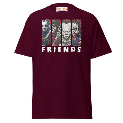 Horror Friends T-Shirt – Jason, Freddy, Pennywise & Chucky - Maroon - T-Shirts Online
