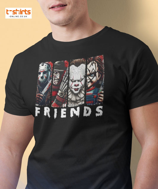 Horror Friends T-Shirt – Jason, Freddy, Pennywise & Chucky - Maroon - T-Shirts Online