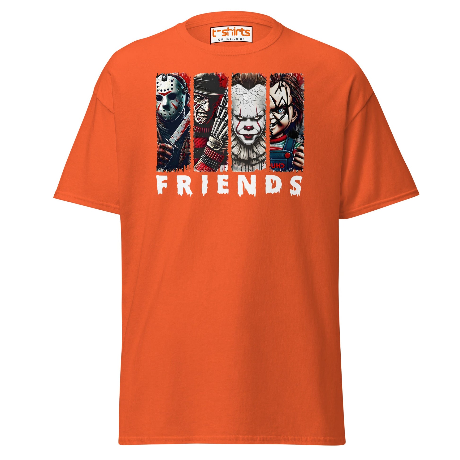 Horror Friends T-Shirt – Jason, Freddy, Pennywise & Chucky - Orange - T-Shirts Online