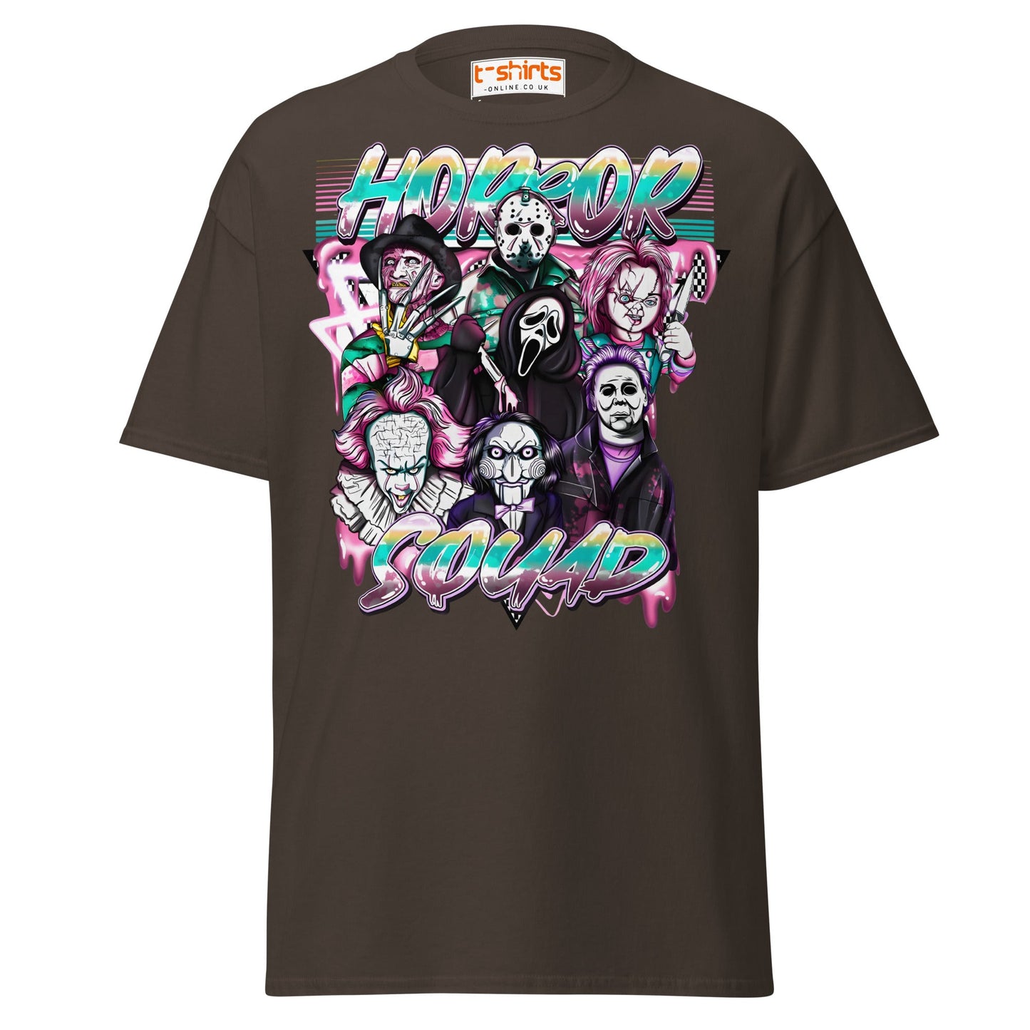 Horror Squad T-Shirt | Retro Neon Killer Crew Tee - Dark Chocolate - T-Shirts Online