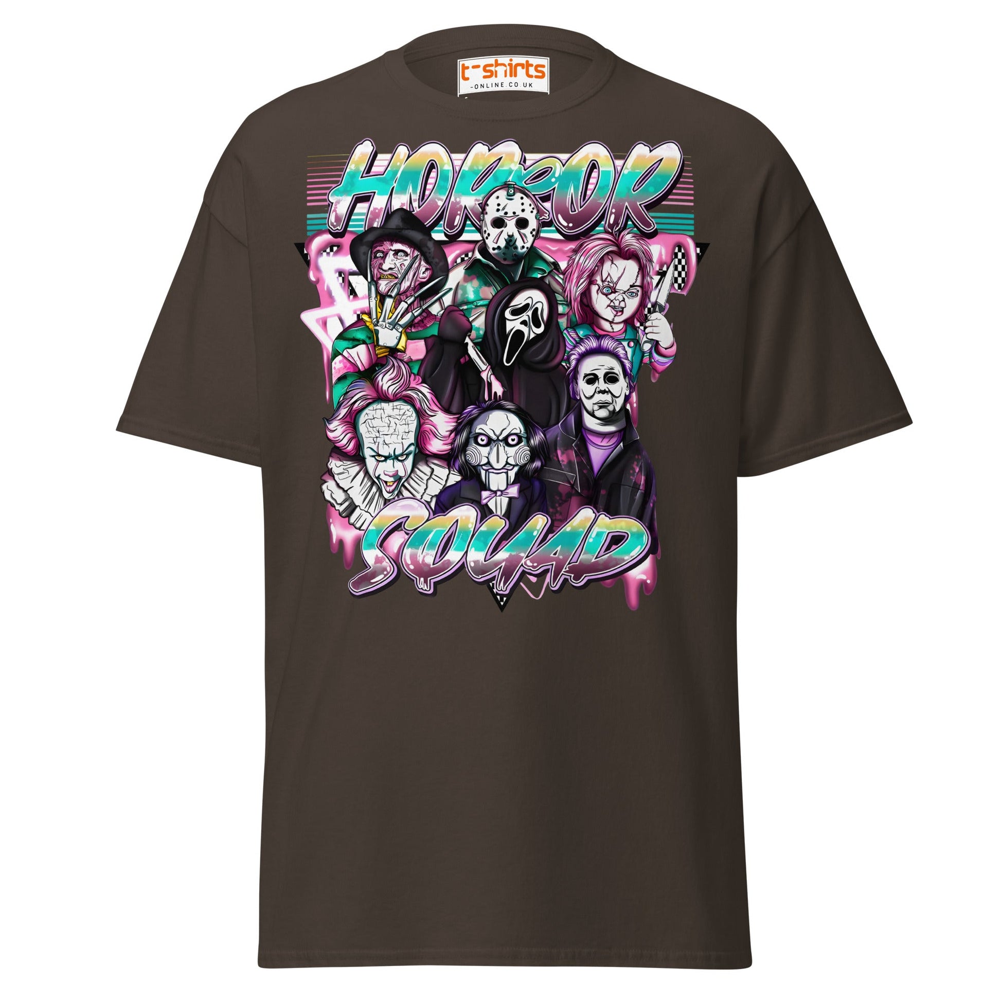 Horror Squad T-Shirt | Retro Neon Killer Crew Tee - Dark Chocolate - T-Shirts Online