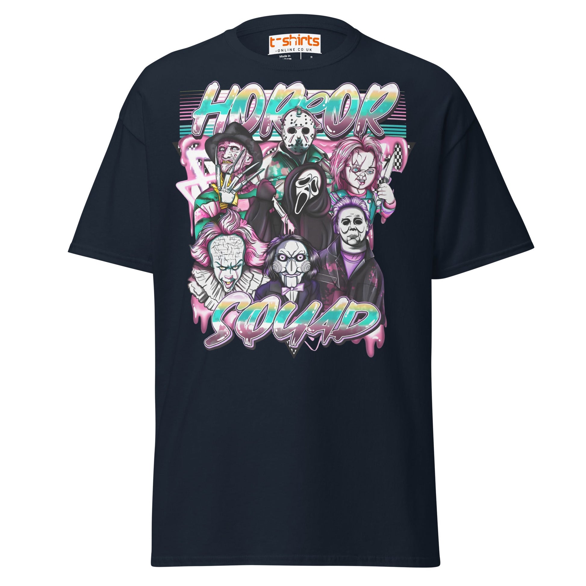 Horror Squad T-Shirt | Retro Neon Killer Crew Tee - Navy - T-Shirts Online