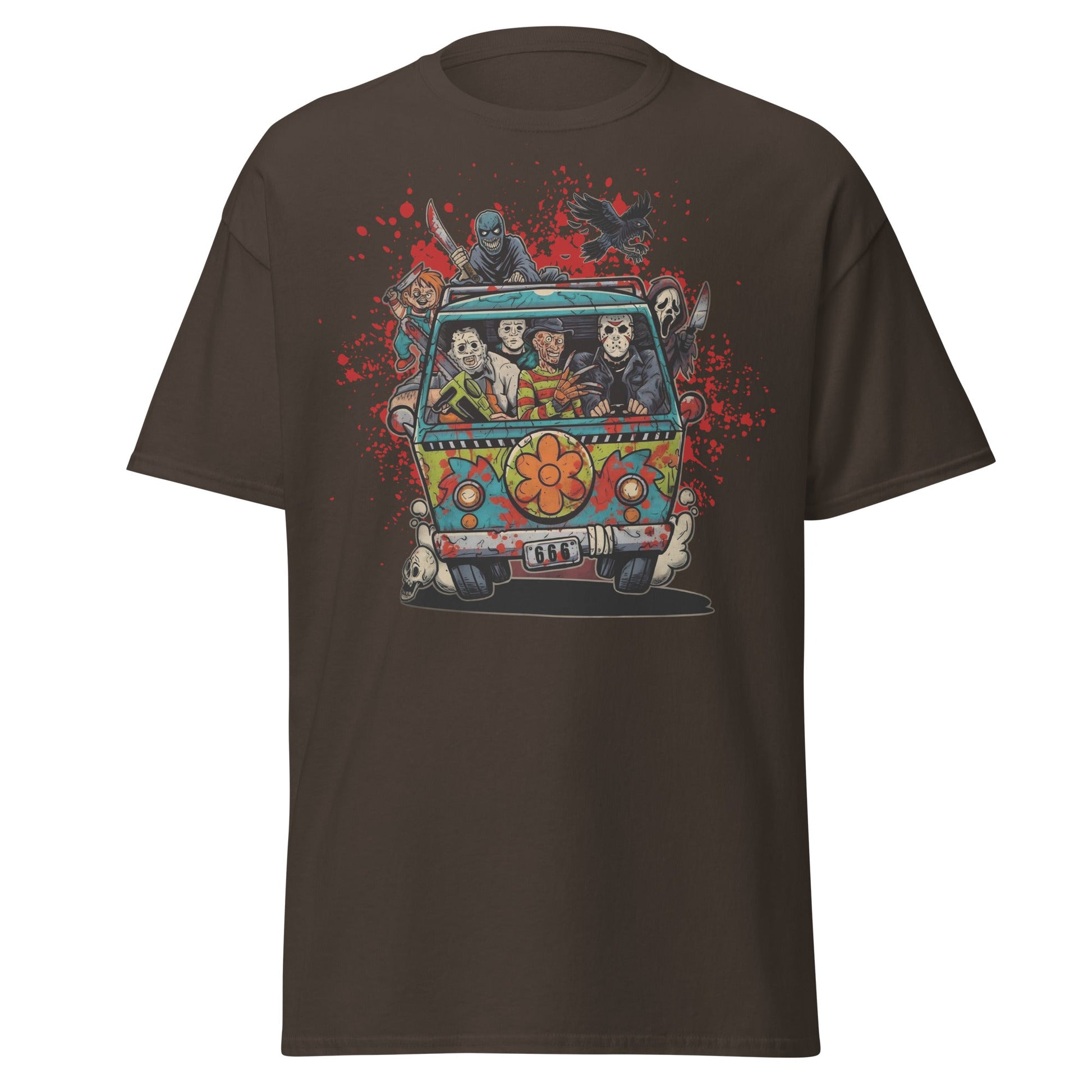Horror Villains Mystery Machine Parody T-Shirt - Dark Chocolate - T-Shirts Online