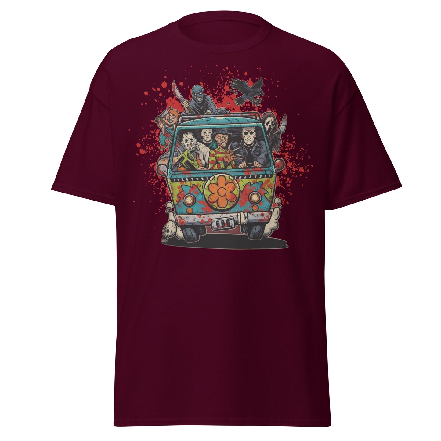 Horror Villains Mystery Machine Parody T-Shirt - Maroon - T-Shirts Online