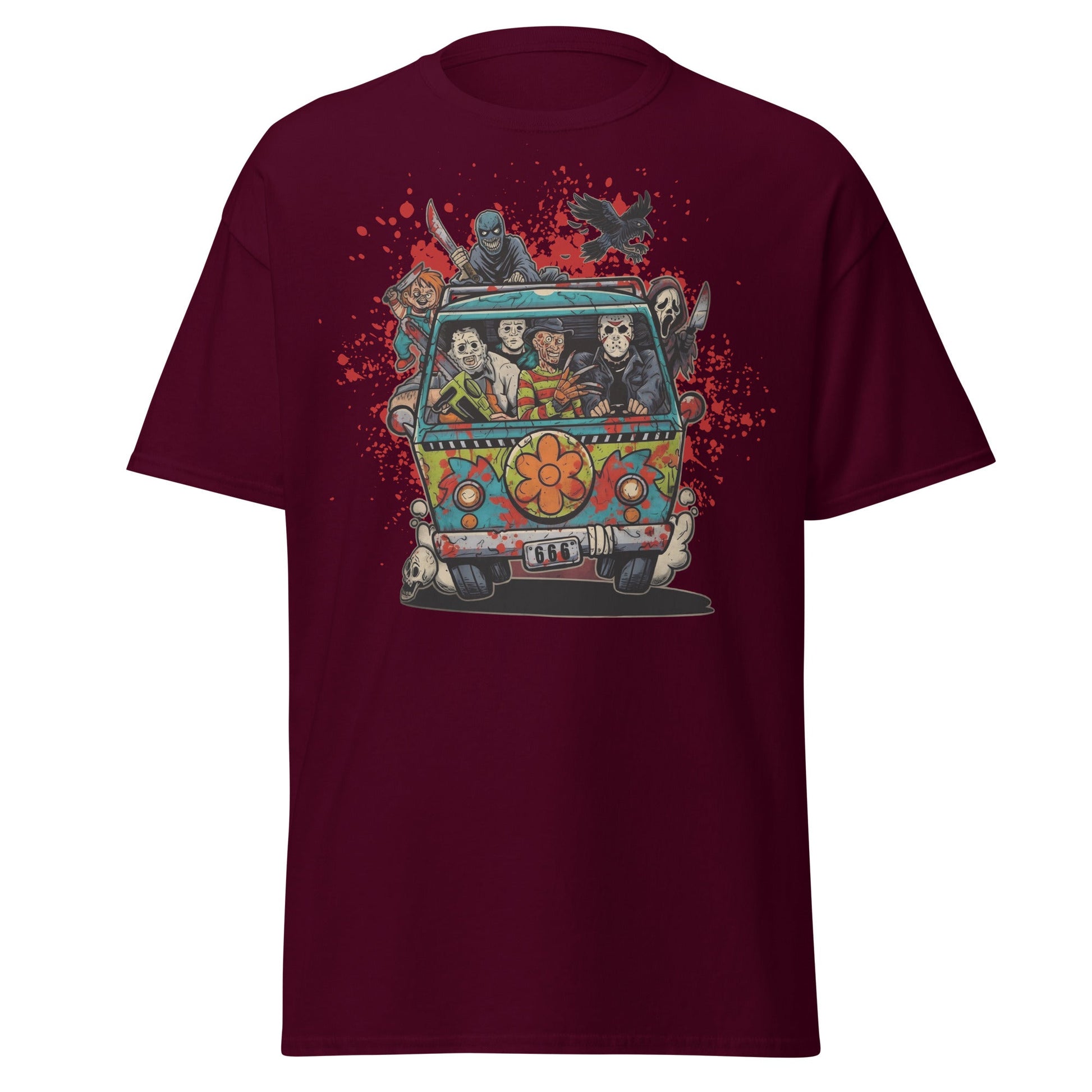 Horror Villains Mystery Machine Parody T-Shirt - Maroon - T-Shirts Online