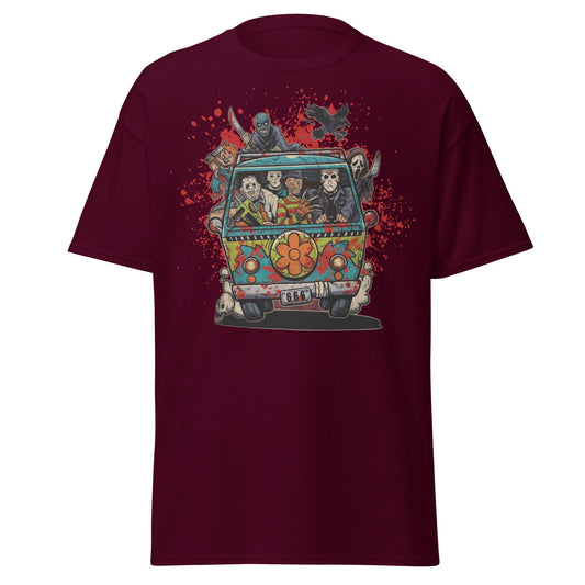 Horror Villains Mystery Machine Parody T-Shirt - Maroon - T-Shirts Online