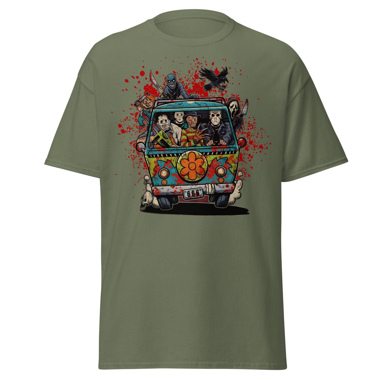 Horror Villains Mystery Machine Parody T-Shirt - Military Green - T-Shirts Online