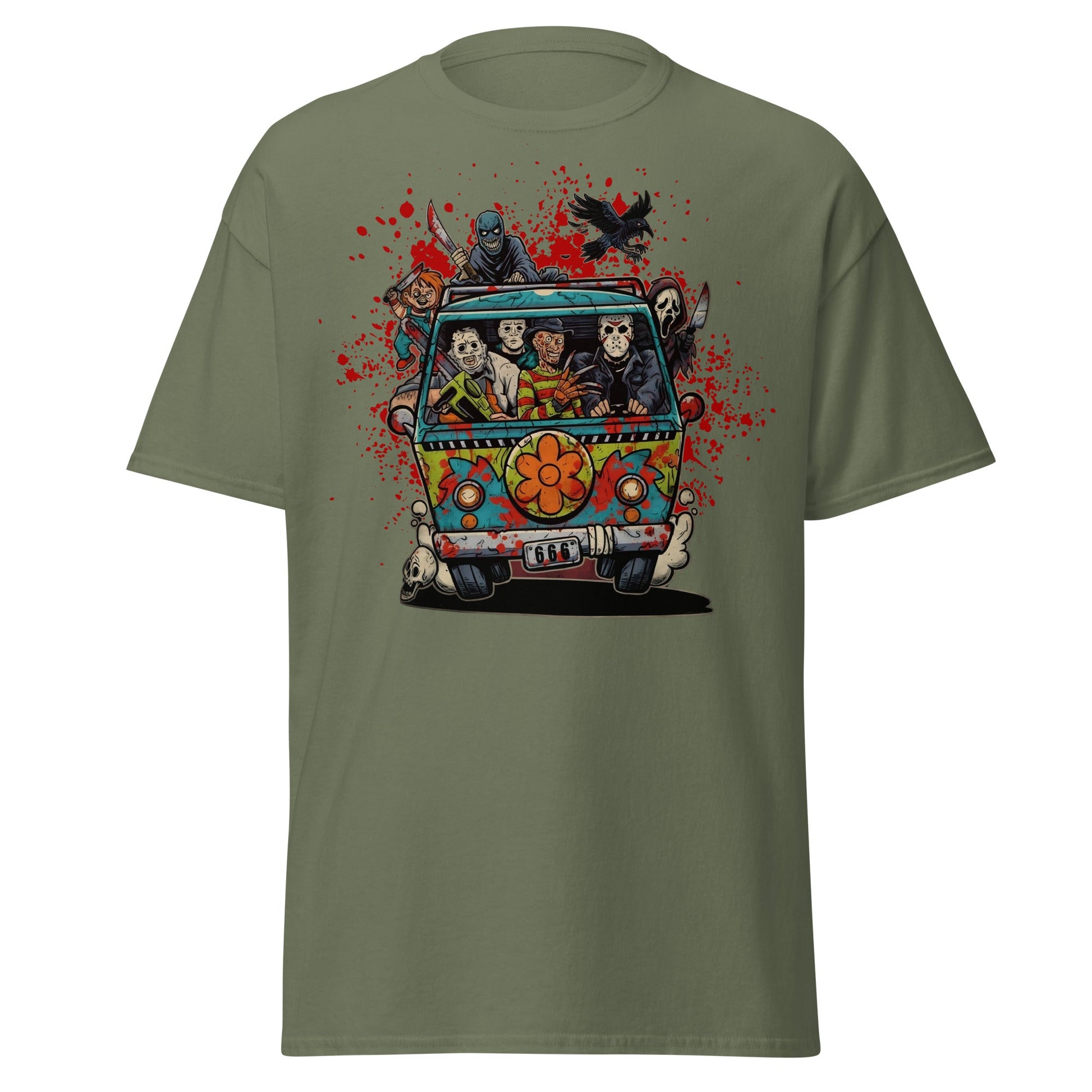 Horror Villains Mystery Machine Parody T-Shirt - Military Green - T-Shirts Online