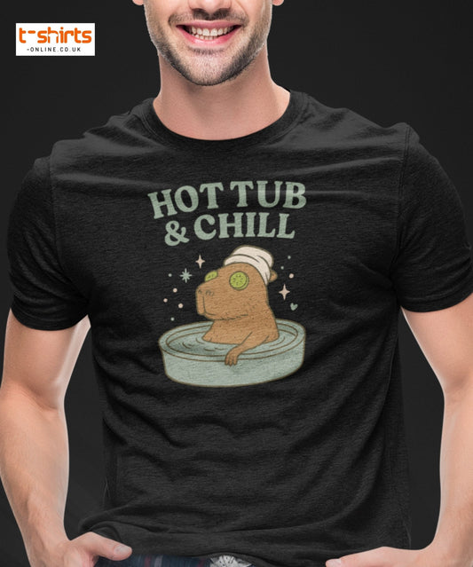 Person wearing a black t-shirt with 'Hot Tub & Chill' graphic design.