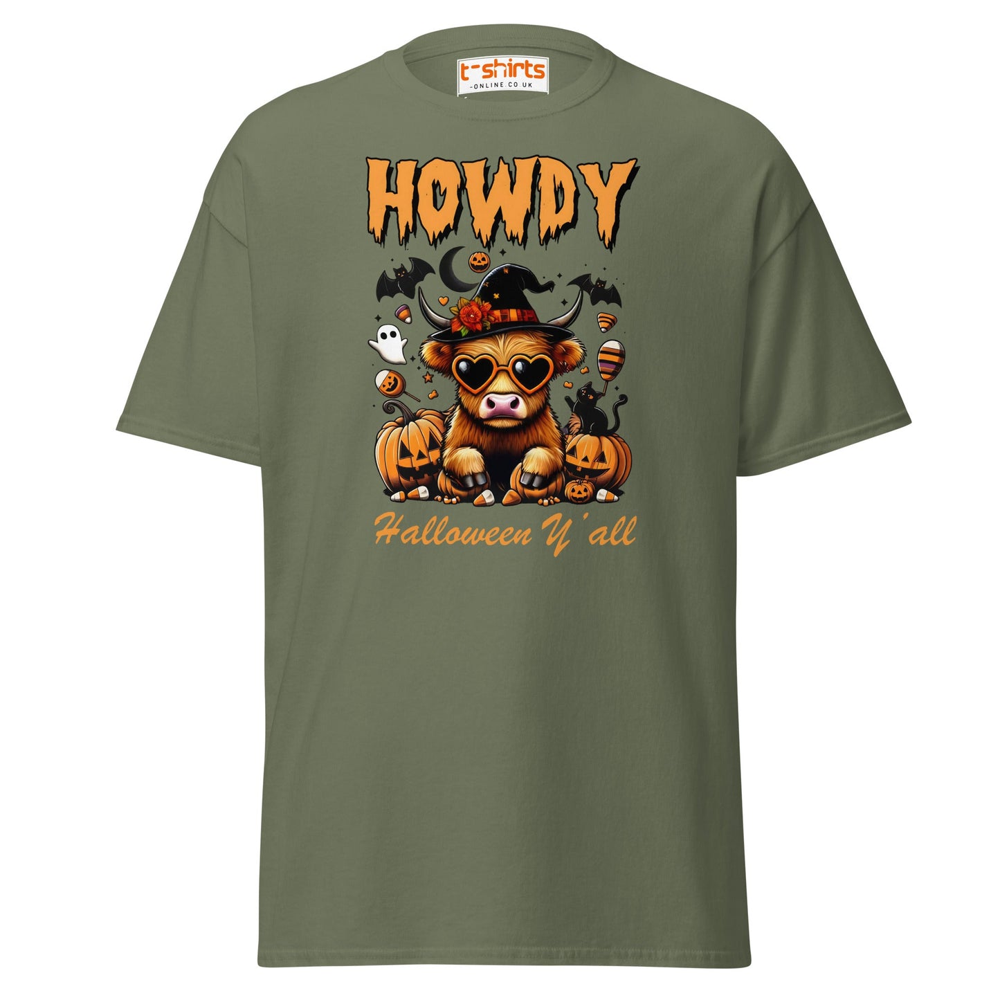Howdy Highland Cow Halloween T-Shirt - Military Green - T-Shirts Online