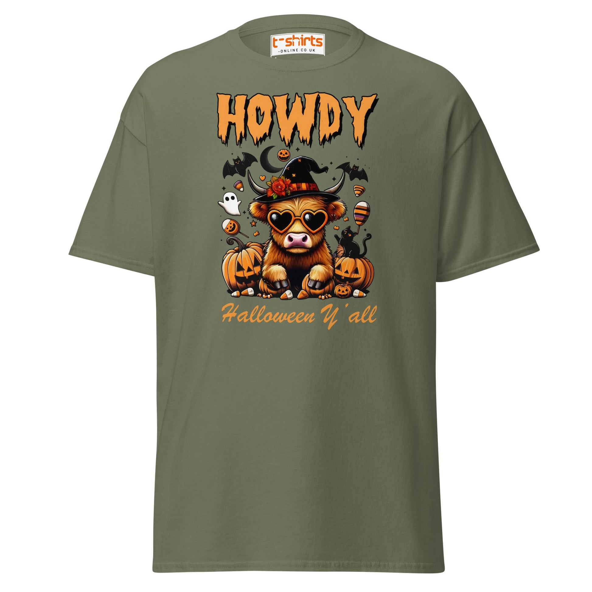 Howdy Highland Cow Halloween T-Shirt - Military Green - T-Shirts Online