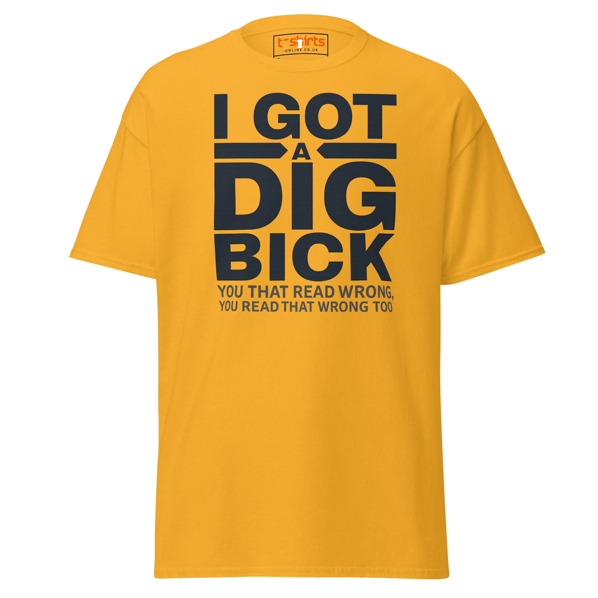 Yellow t-shirt with black text on a white background