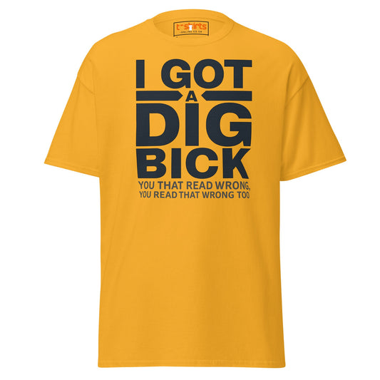 Yellow t-shirt with black text on a white background