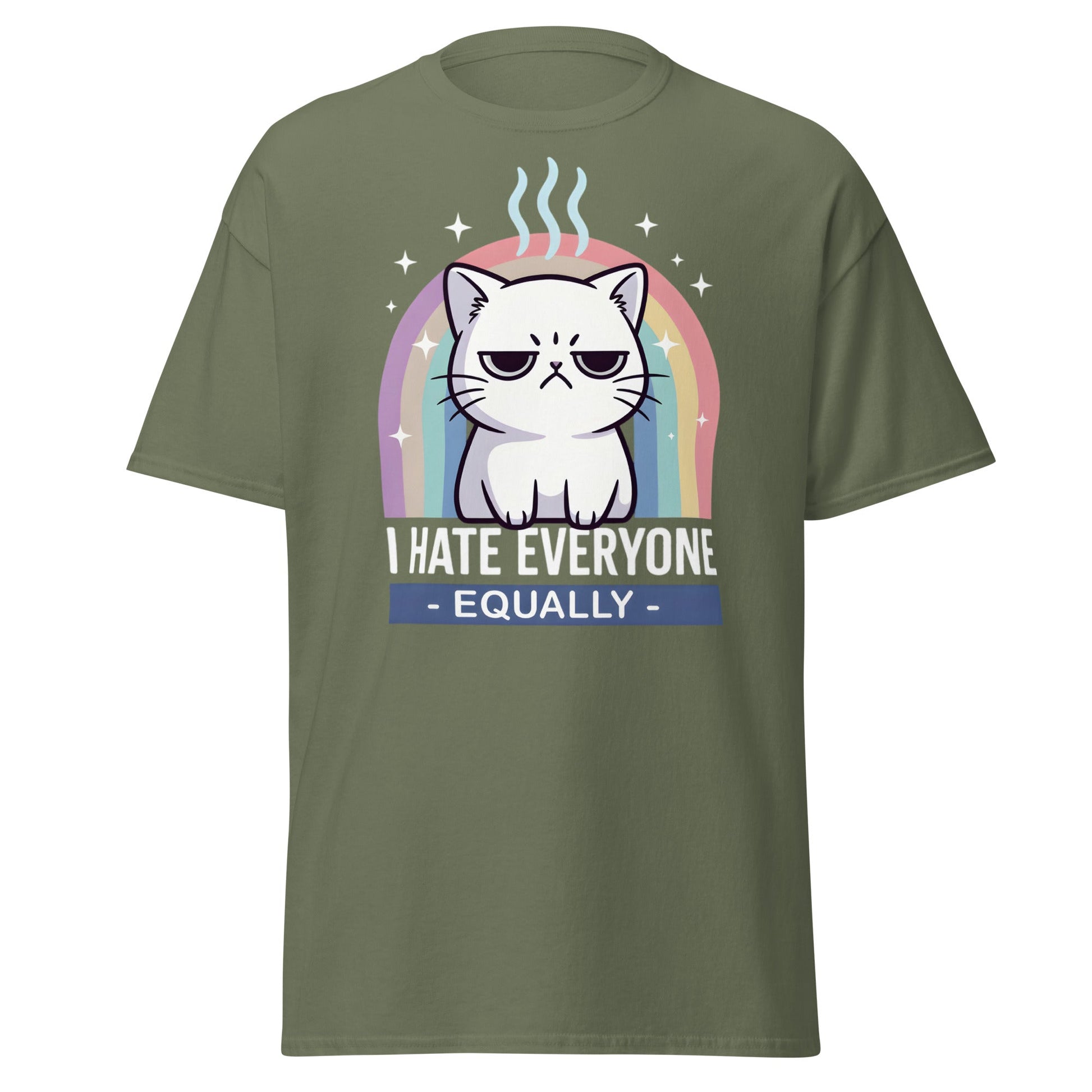 I Hate Everyone Equally T-Shirt - Grumpy Cat Rainbow Tee - Military Green - T-Shirts Online