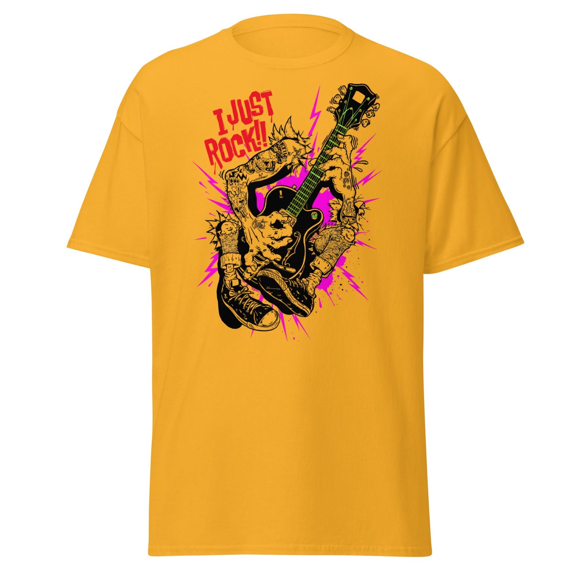 I Just Rock T-Shirt | Punk Rock Guitar Tattoo Design Tee - Gold - T-Shirts Online