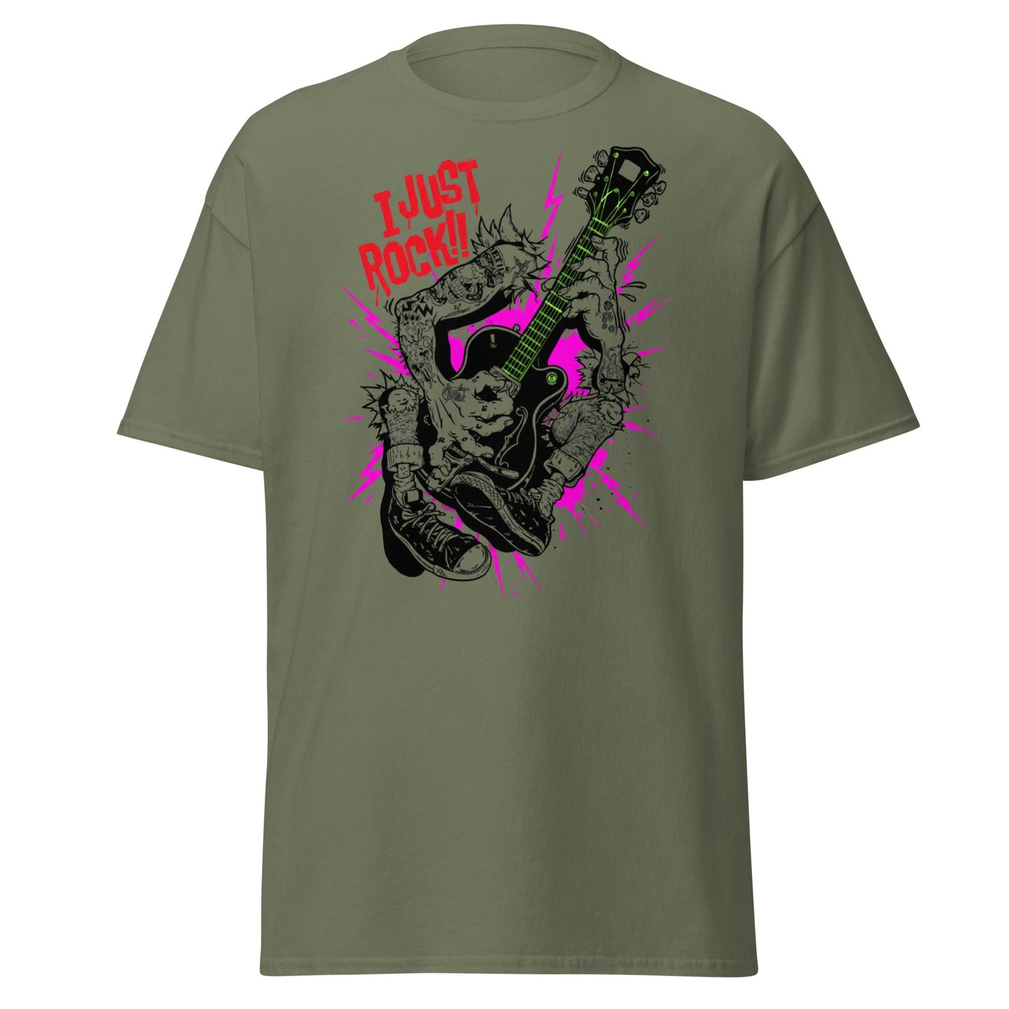 I Just Rock T-Shirt | Punk Rock Guitar Tattoo Design Tee - Military Green - T-Shirts Online