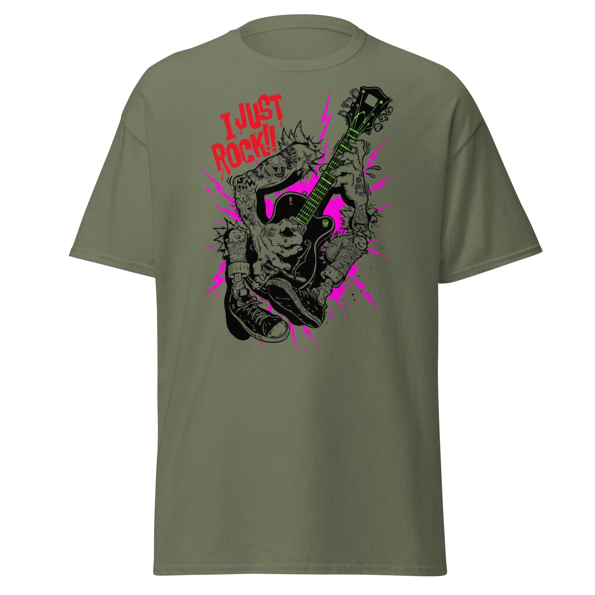 I Just Rock T-Shirt | Punk Rock Guitar Tattoo Design Tee - Military Green - T-Shirts Online