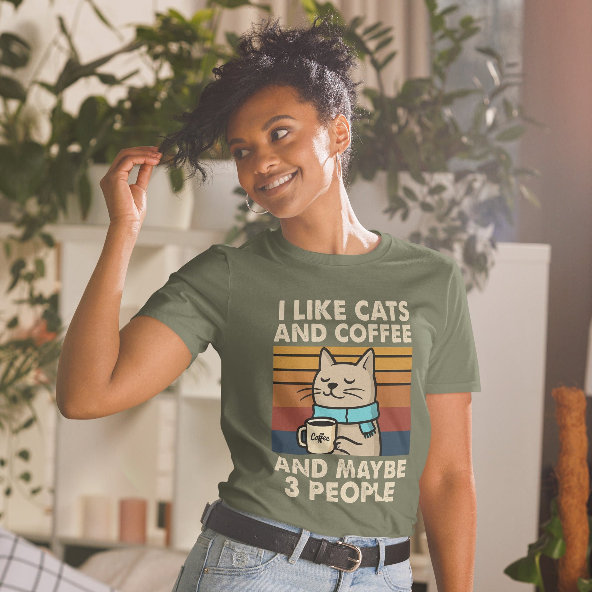 I Like Cats, Coffee and Maybe 3 People T-Shirt - Military Green - T-Shirts Online