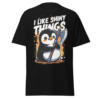 I Like Shiny Things Penguin Axe T-Shirt - Cute Battle Tee - Black - T-Shirts Online