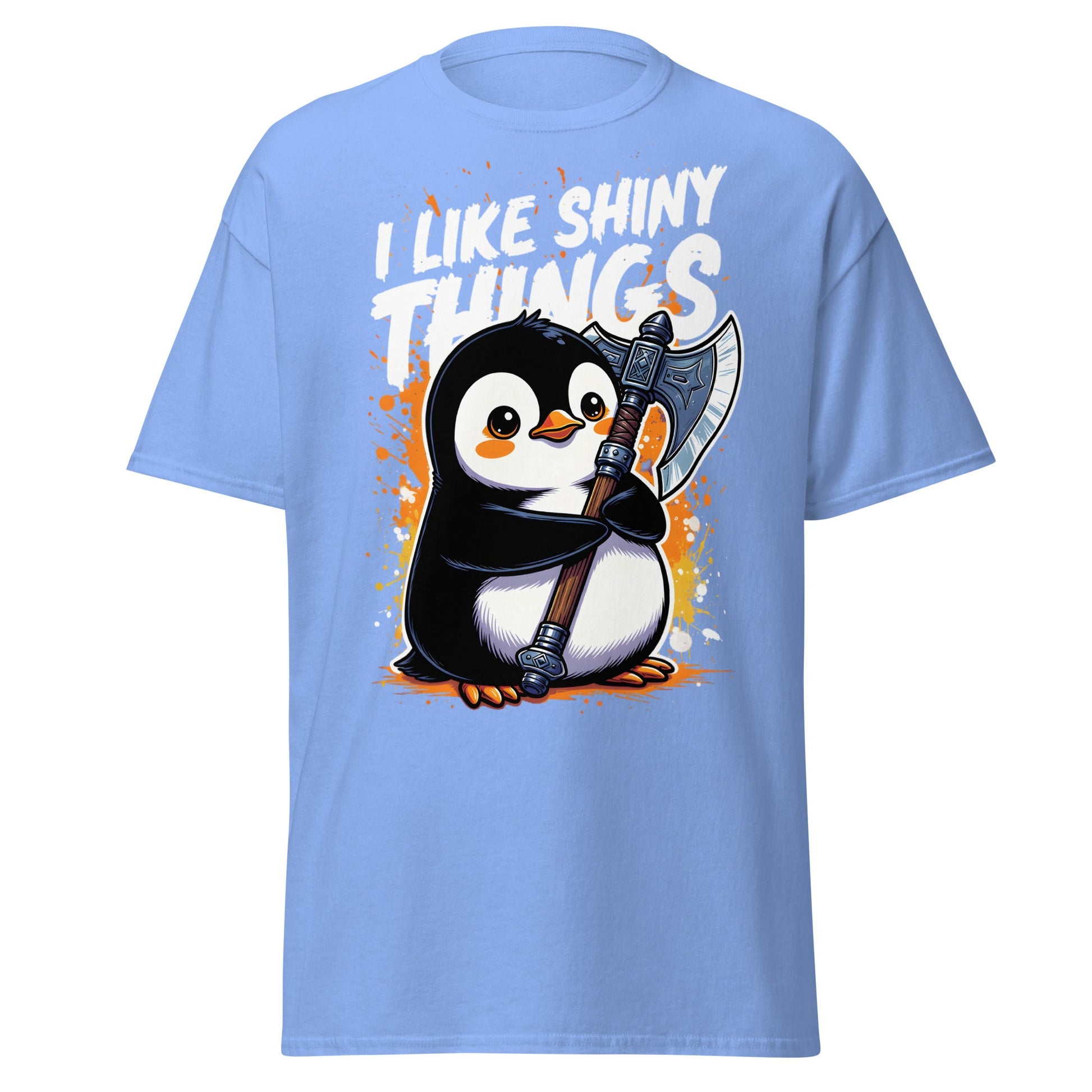 I Like Shiny Things Penguin Axe T-Shirt - Cute Battle Tee - Carolina Blue - T-Shirts Online