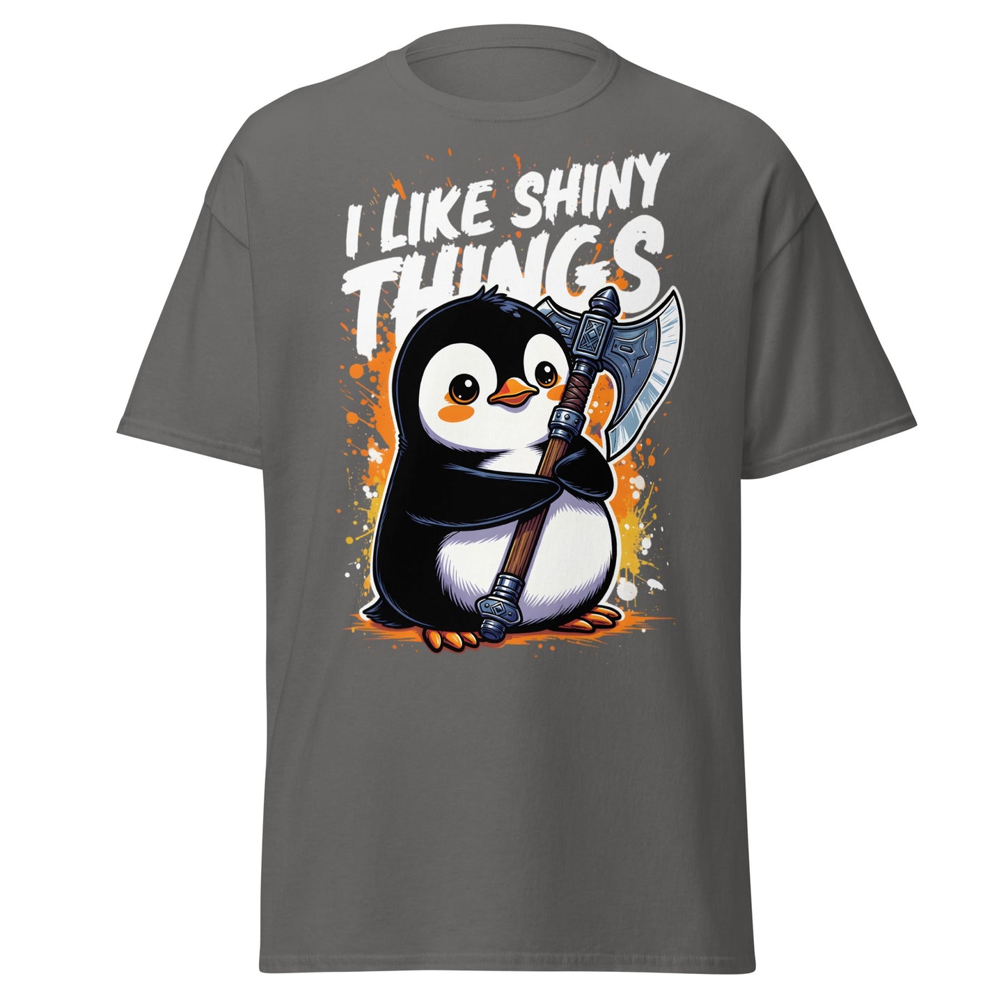 I Like Shiny Things Penguin Axe T-Shirt - Cute Battle Tee - Charcoal - T-Shirts Online