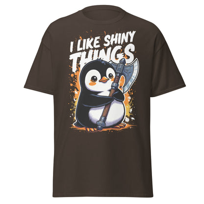 I Like Shiny Things Penguin Axe T-Shirt - Cute Battle Tee - Dark Chocolate - T-Shirts Online