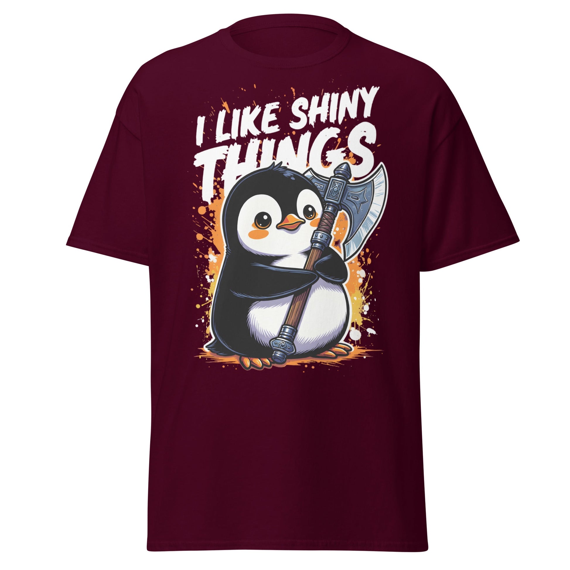 I Like Shiny Things Penguin Axe T-Shirt - Cute Battle Tee - Maroon - T-Shirts Online