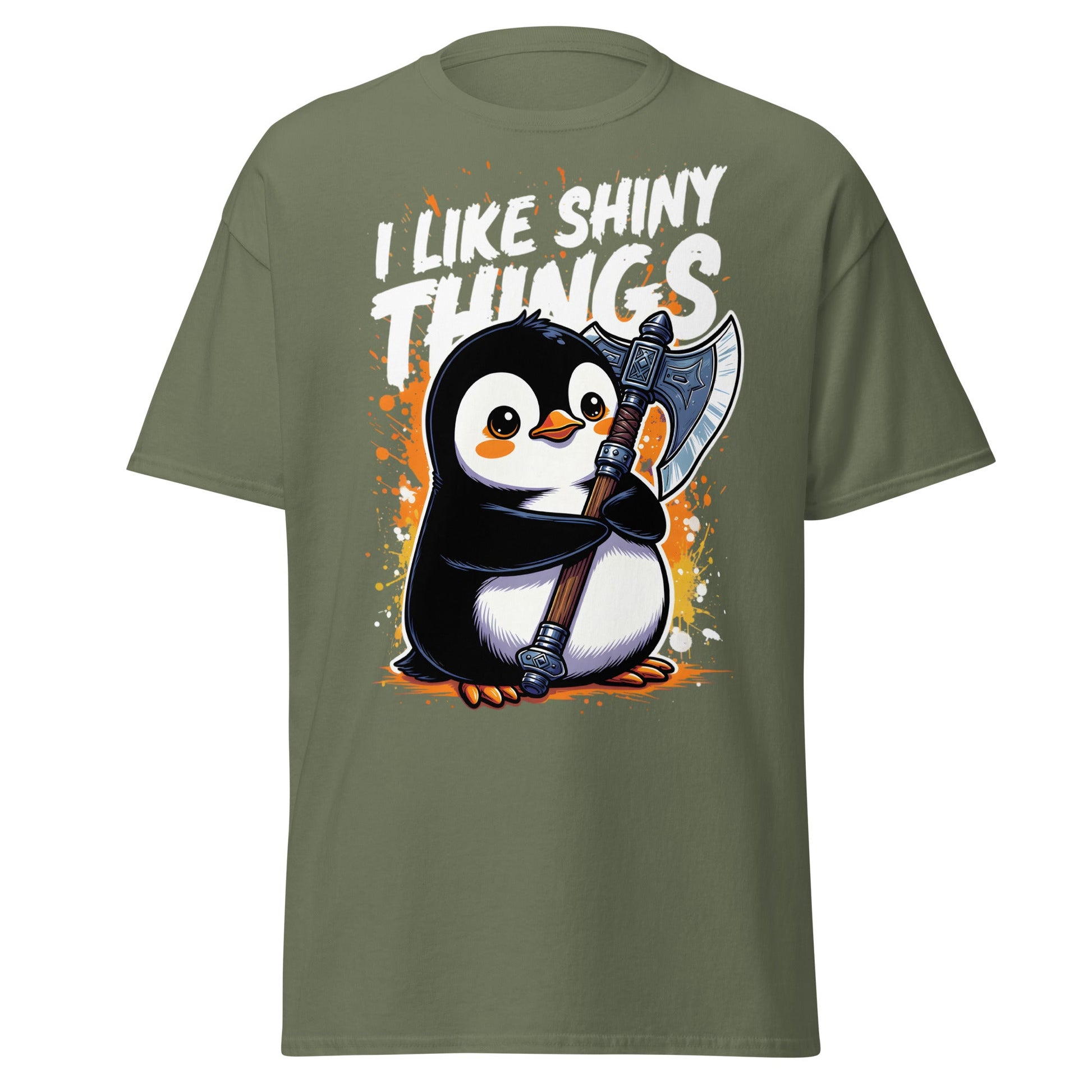 I Like Shiny Things Penguin Axe T-Shirt - Cute Battle Tee - Military Green - T-Shirts Online