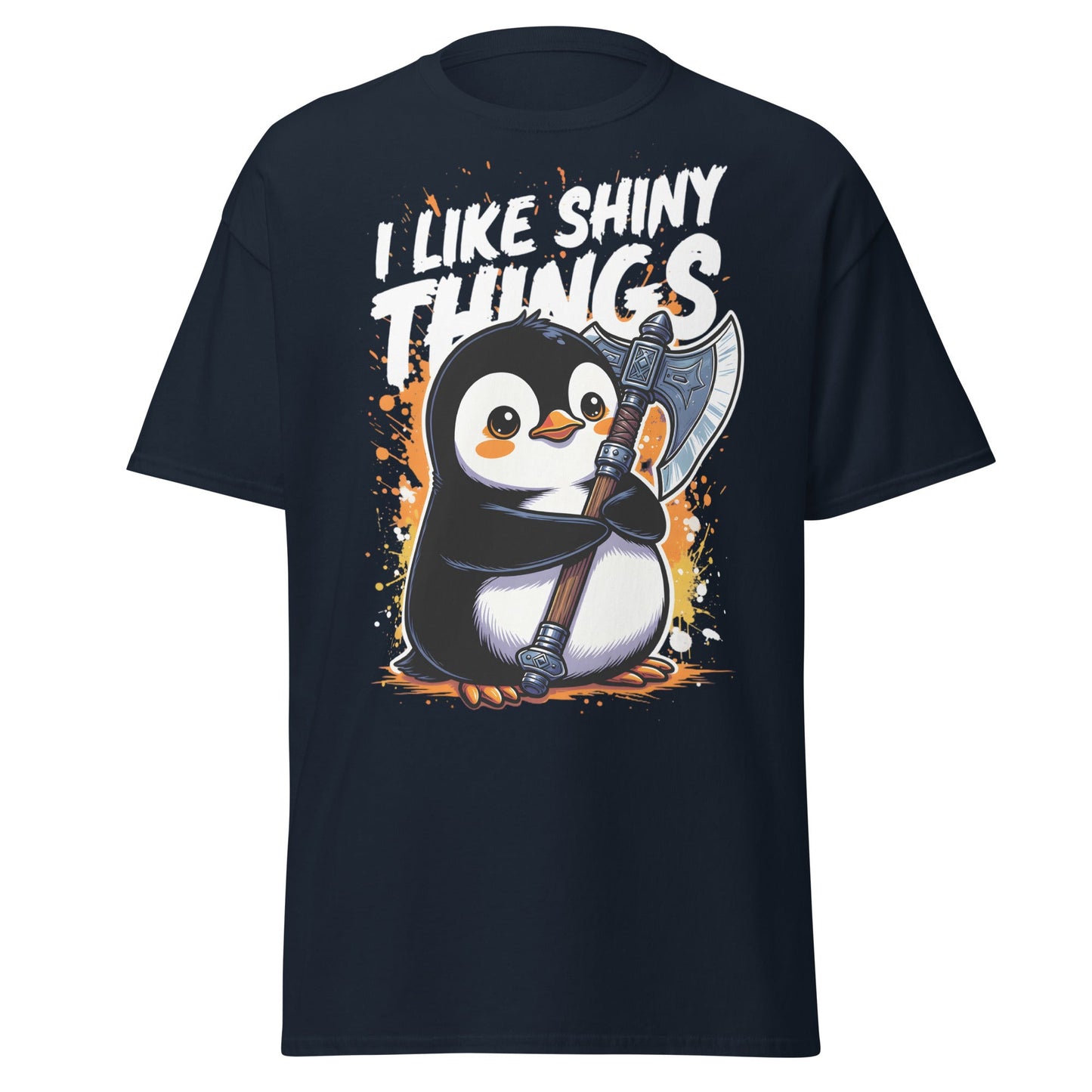 I Like Shiny Things Penguin Axe T-Shirt - Cute Battle Tee - Navy - T-Shirts Online