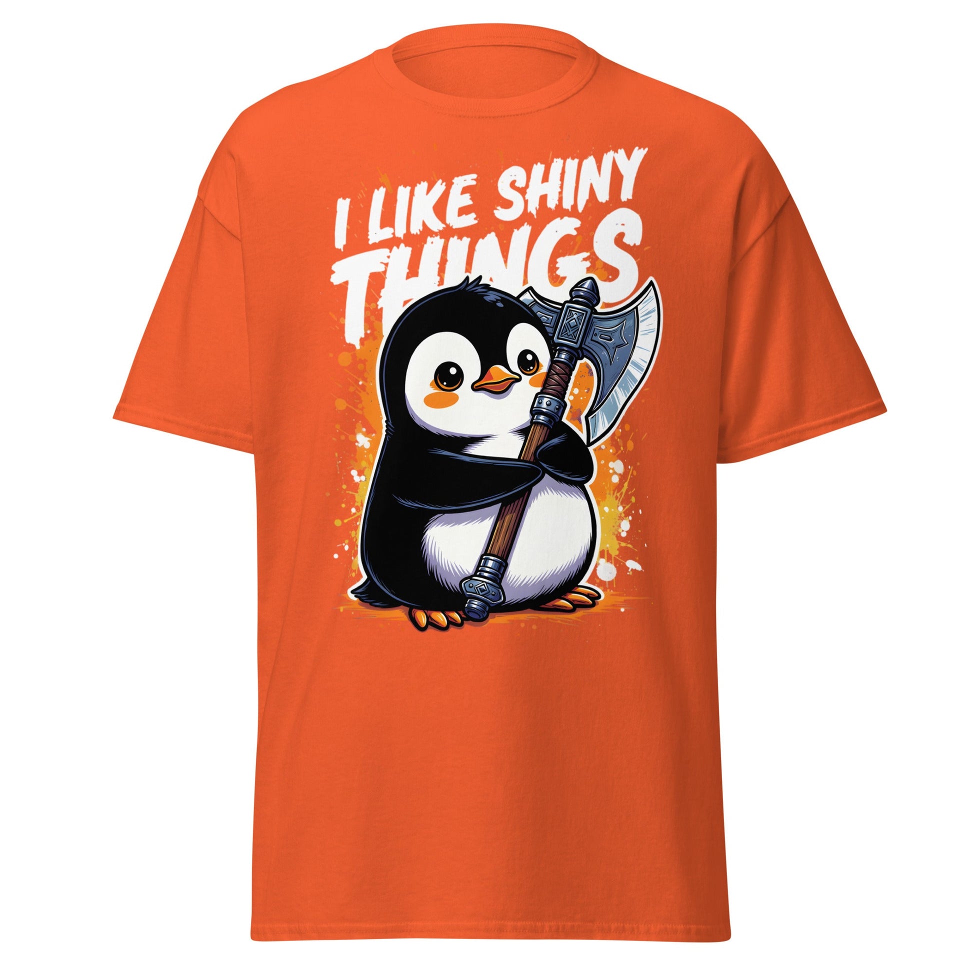 I Like Shiny Things Penguin Axe T-Shirt - Cute Battle Tee - Orange - T-Shirts Online