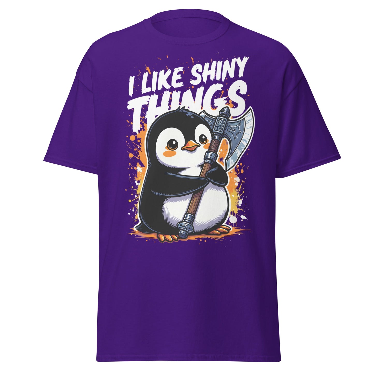 I Like Shiny Things Penguin Axe T-Shirt - Cute Battle Tee - Purple - T-Shirts Online