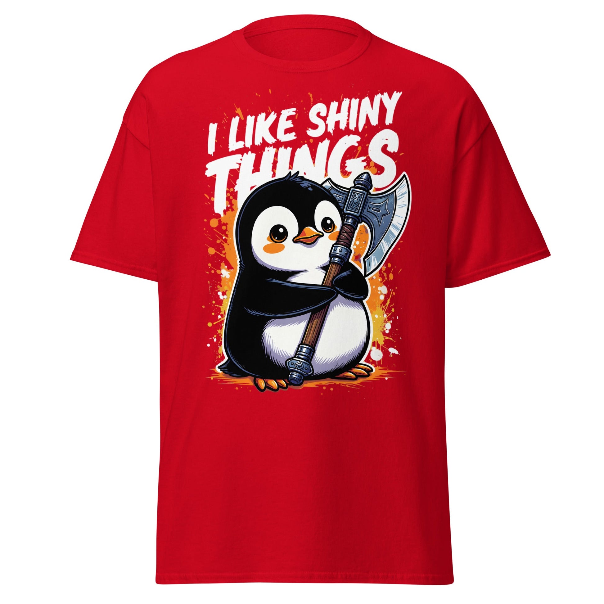 I Like Shiny Things Penguin Axe T-Shirt - Cute Battle Tee - Red - T-Shirts Online