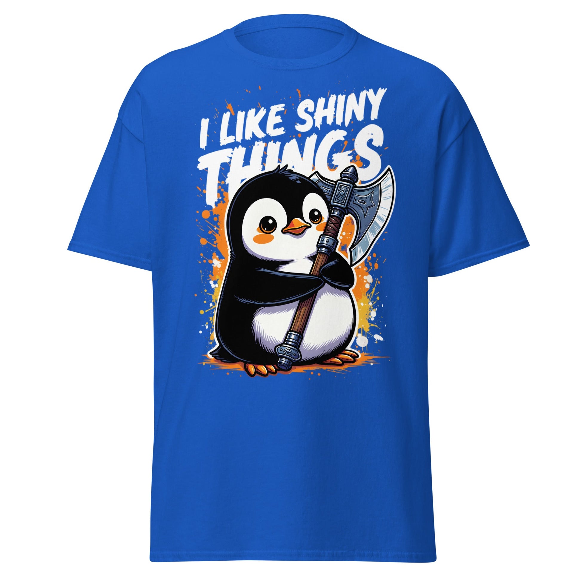 I Like Shiny Things Penguin Axe T-Shirt - Cute Battle Tee - Royal - T-Shirts Online