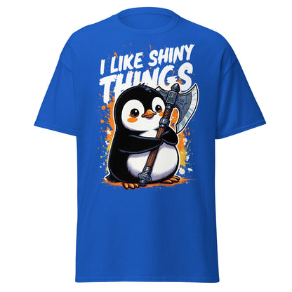I Like Shiny Things Penguin Axe T-Shirt - Cute Battle Tee - Royal - T-Shirts Online