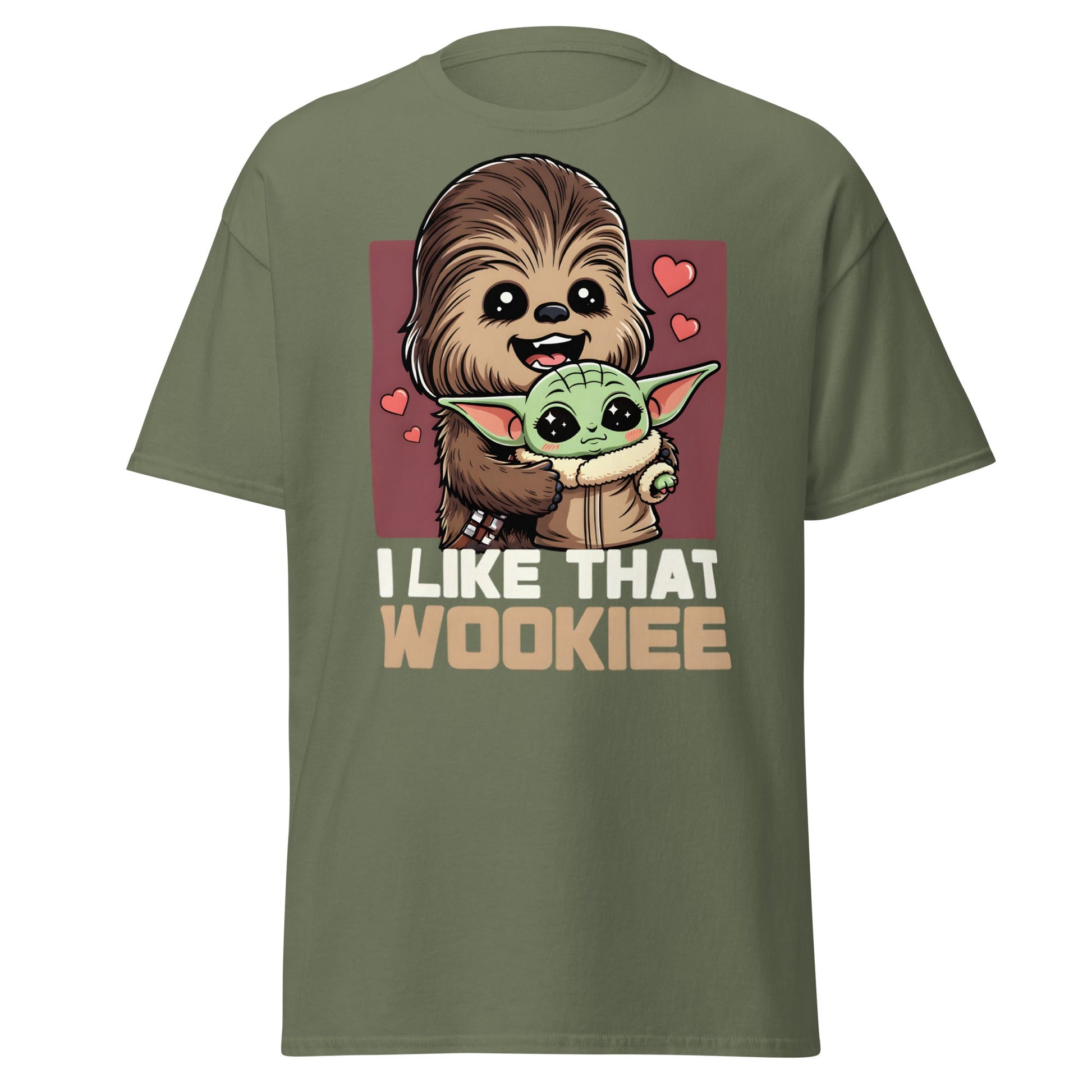 I Like That Wookiee T-Shirt - Cute Grogu & Chewbacca Tee - Military Green - T-Shirts Online