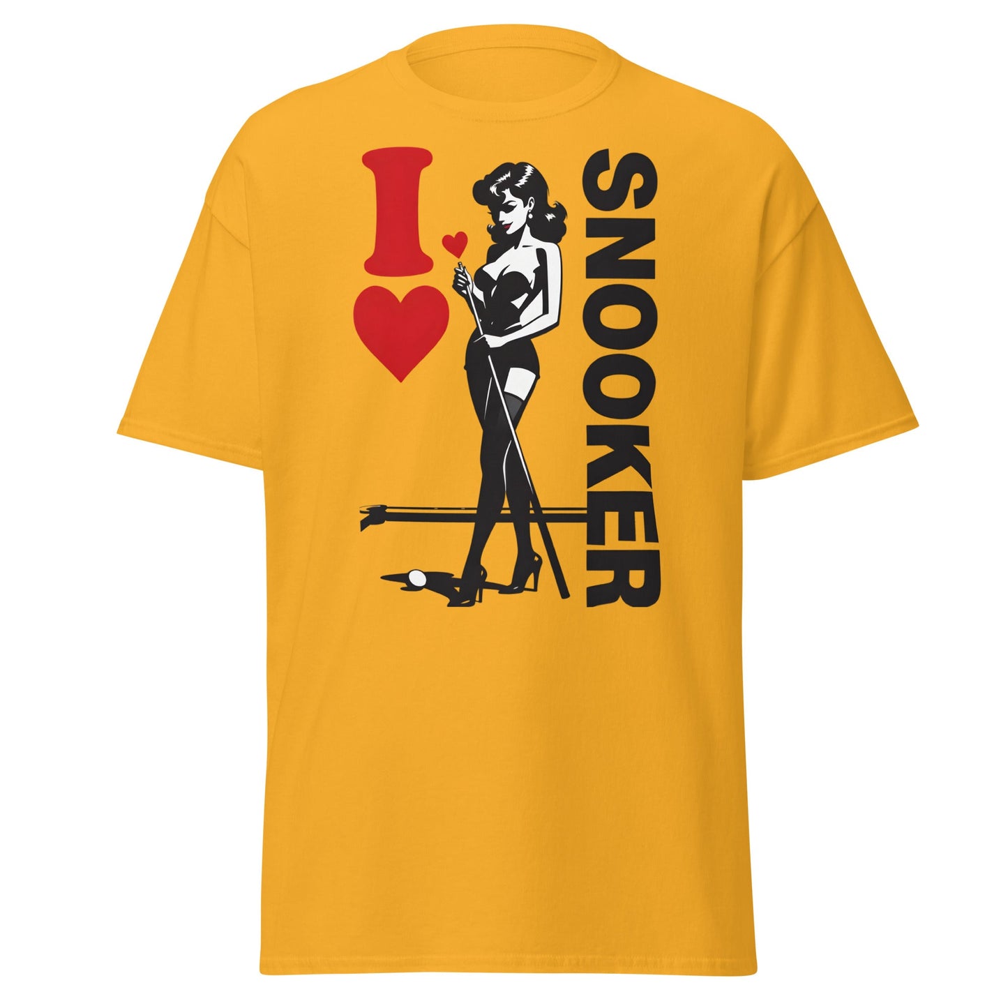 I Love Snooker T-Shirt - Sexy Retro Pin - Up Graphic Tee - Gold - T-Shirts Online