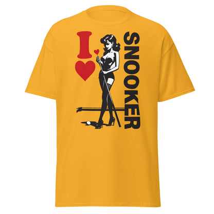 I Love Snooker T-Shirt - Sexy Retro Pin - Up Graphic Tee - Gold - T-Shirts Online