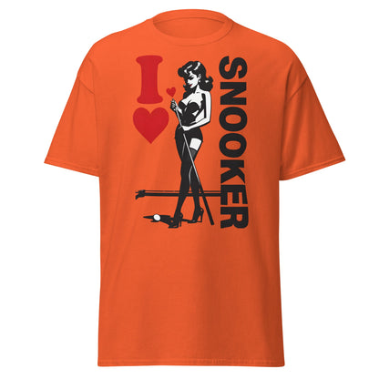 I Love Snooker T-Shirt - Sexy Retro Pin - Up Graphic Tee - Orange - T-Shirts Online