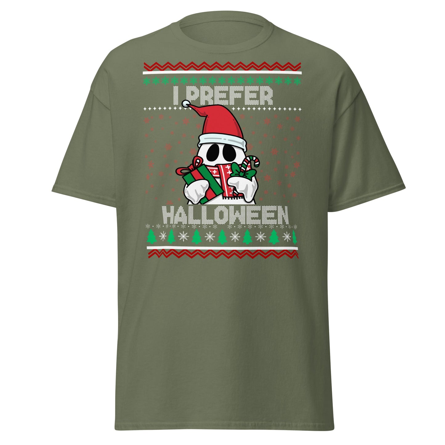 I Prefer Halloween T-Shirt | Funny Ghost Christmas Shirt - Military Green - T-Shirts Online
