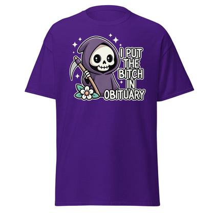 I Put The Bitch In Obituary T-Shirt | Funny Grim Reaper Tee - Purple - T-Shirts Online
