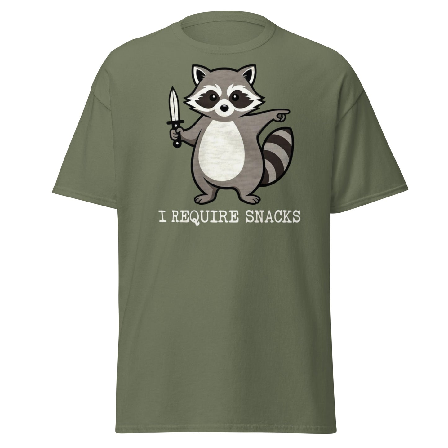 I Require Snacks Raccoon T-Shirt - Funny Trash Panda Tee - Military Green - T-Shirts Online