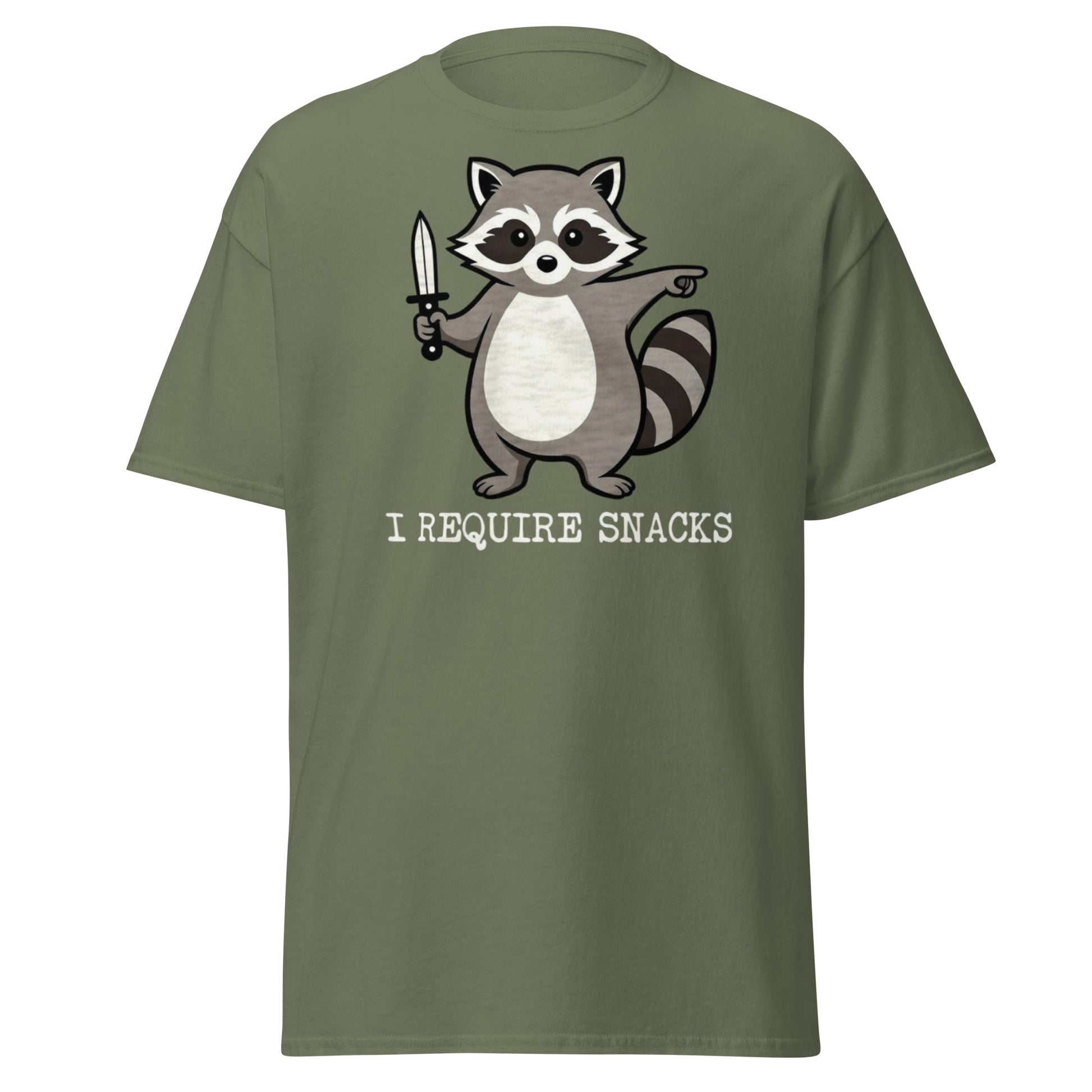 I Require Snacks Raccoon T-Shirt - Funny Trash Panda Tee - Military Green - T-Shirts Online