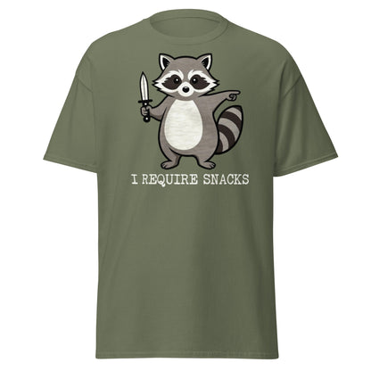 I Require Snacks Raccoon T-Shirt - Funny Trash Panda Tee - Military Green - T-Shirts Online